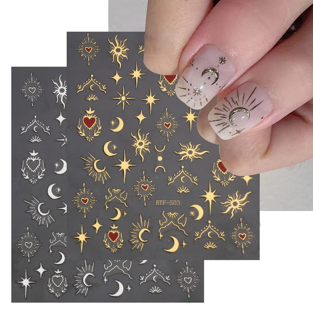 6 Sheets Sun Star Nail Art Stickers - Moon, Fish Bone, Gold & Silver Nail Decals for Acrylic Nails - görsel 3