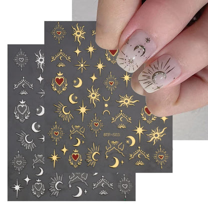 6 Sheets Sun Star Nail Art Stickers - Moon, Fish Bone, Gold & Silver Nail Decals for Acrylic Nails