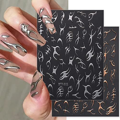 6 Sheets Sun Star Nail Art Stickers - Moon, Fish Bone, Gold & Silver Nail Decals for Acrylic Nails