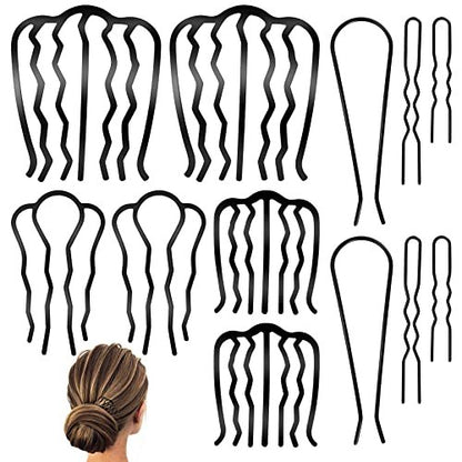 QOOSIKICC 12 Pcs Hair Side Combs, Hair Fork Clips & Pins - U-Shape Teeth Styling Tool for French Twist Updo - Black