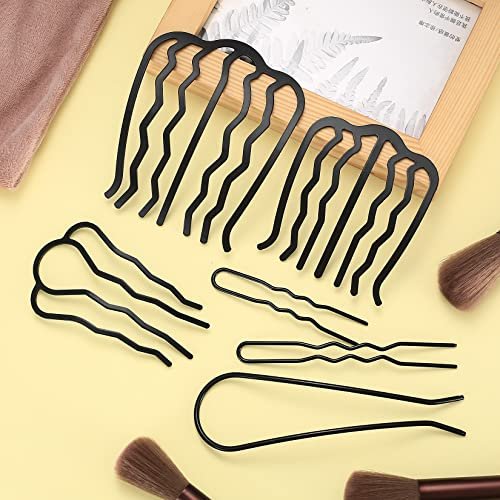 QOOSIKICC 12 Pcs Hair Side Combs, Hair Fork Clips & Pins - U-Shape Teeth Styling Tool for French Twist Updo - Black - görsel 6
