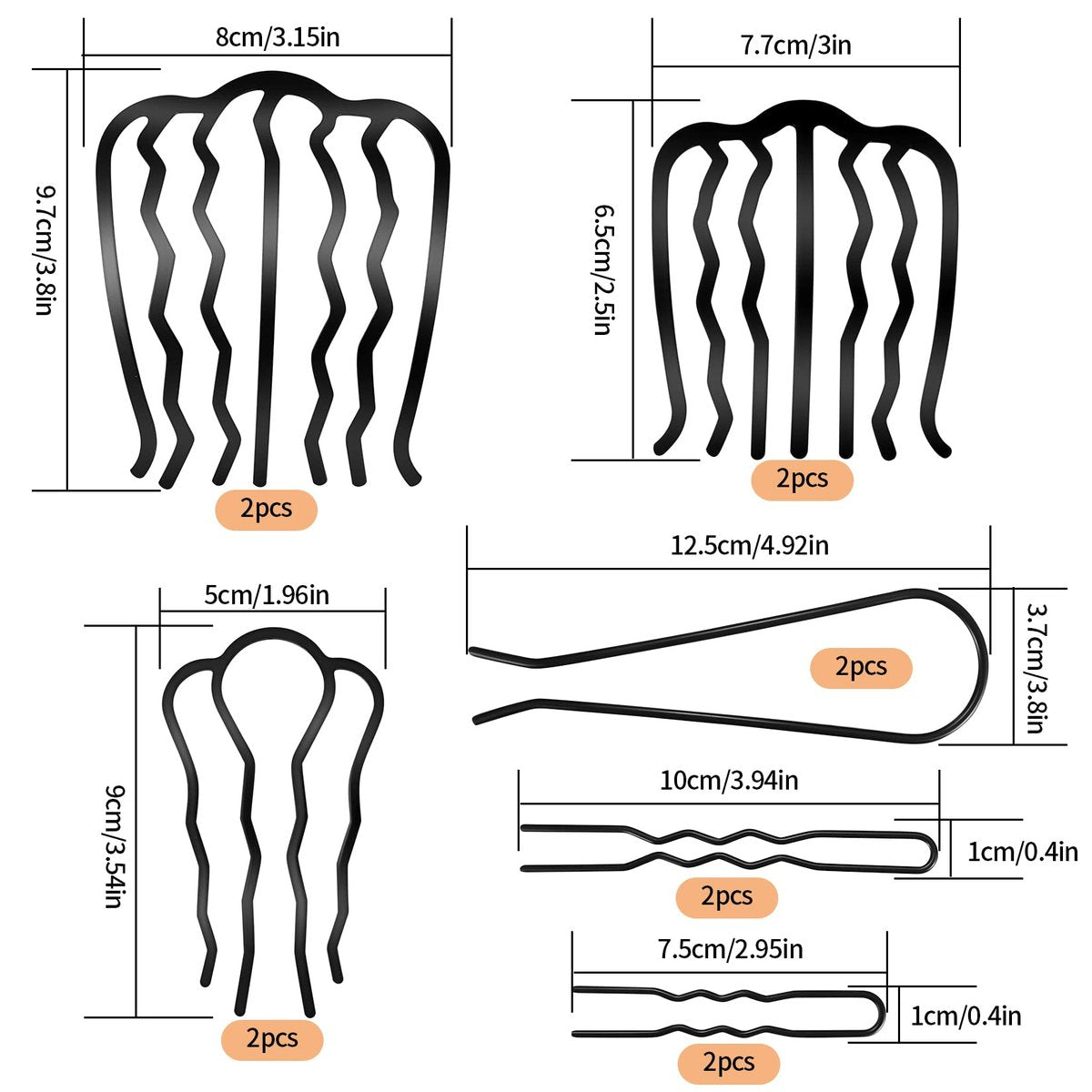 QOOSIKICC 12 Pcs Hair Side Combs, Hair Fork Clips & Pins - U-Shape Teeth Styling Tool for French Twist Updo - Black - görsel 3