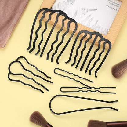 QOOSIKICC 12 Pcs Hair Side Combs, Hair Fork Clips & Pins - U-Shape Teeth Styling Tool for French Twist Updo - Black