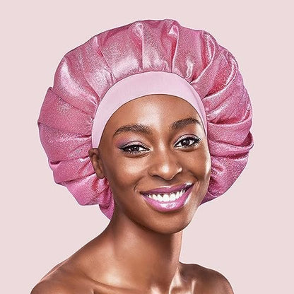 KISS COLORS & CARE Glitter Bonnet XL - Pink Pearl, Gentle Silky Fabric Sleep Cap with Elastic Band for Most Hair Types, Hypoallergenic & Breathable