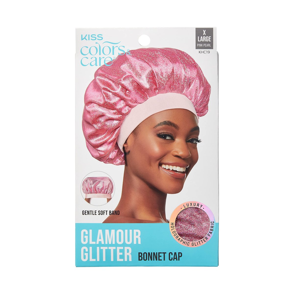 KISS COLORS & CARE Glitter Bonnet XL - Pink Pearl, Gentle Silky Fabric Sleep Cap with Elastic Band for Most Hair Types, Hypoallergenic & Breathable - görsel 1