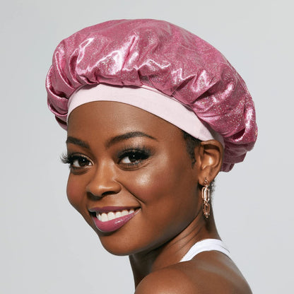KISS COLORS & CARE Glitter Bonnet XL - Pink Pearl, Gentle Silky Fabric Sleep Cap with Elastic Band for Most Hair Types, Hypoallergenic & Breathable