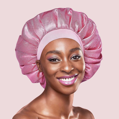 KISS COLORS & CARE Glitter Bonnet XL - Pink Pearl, Gentle Silky Fabric Sleep Cap with Elastic Band for Most Hair Types, Hypoallergenic & Breathable