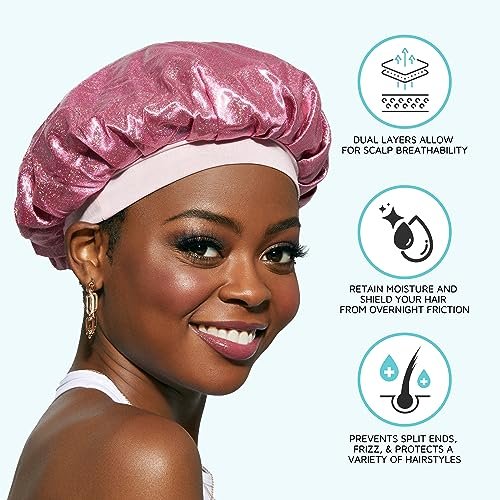 KISS COLORS & CARE Glitter Bonnet XL - Pink Pearl, Gentle Silky Fabric Sleep Cap with Elastic Band for Most Hair Types, Hypoallergenic & Breathable - görsel 4