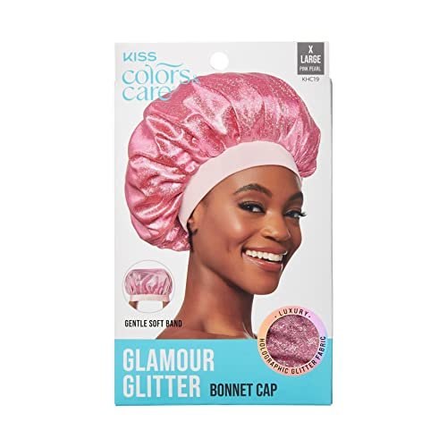 KISS COLORS & CARE Glitter Bonnet XL - Pink Pearl, Gentle Silky Fabric Sleep Cap with Elastic Band for Most Hair Types, Hypoallergenic & Breathable - görsel 2