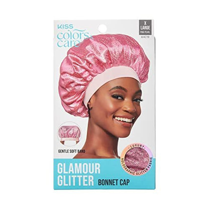KISS COLORS & CARE Glitter Bonnet XL - Pink Pearl, Gentle Silky Fabric Sleep Cap with Elastic Band for Most Hair Types, Hypoallergenic & Breathable