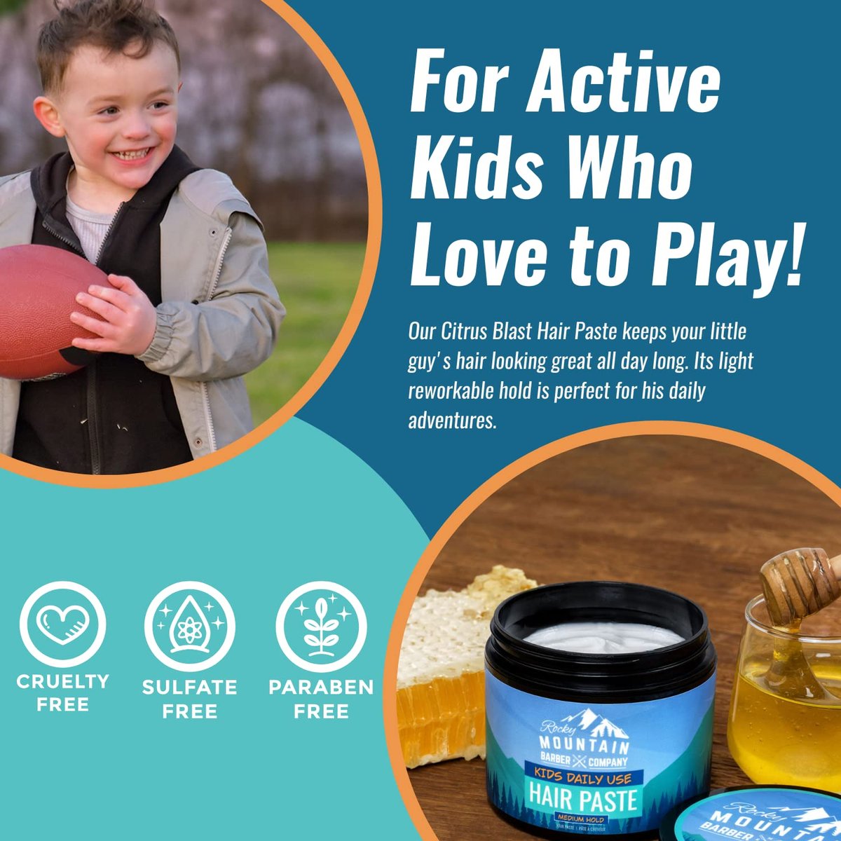 Rocky Mountain Barber Company Kids Hair Styling Paste for Boys - Large 4 oz Tub - Medium Hold Gel for All Hairstyles - Citrus Scent - görsel 8