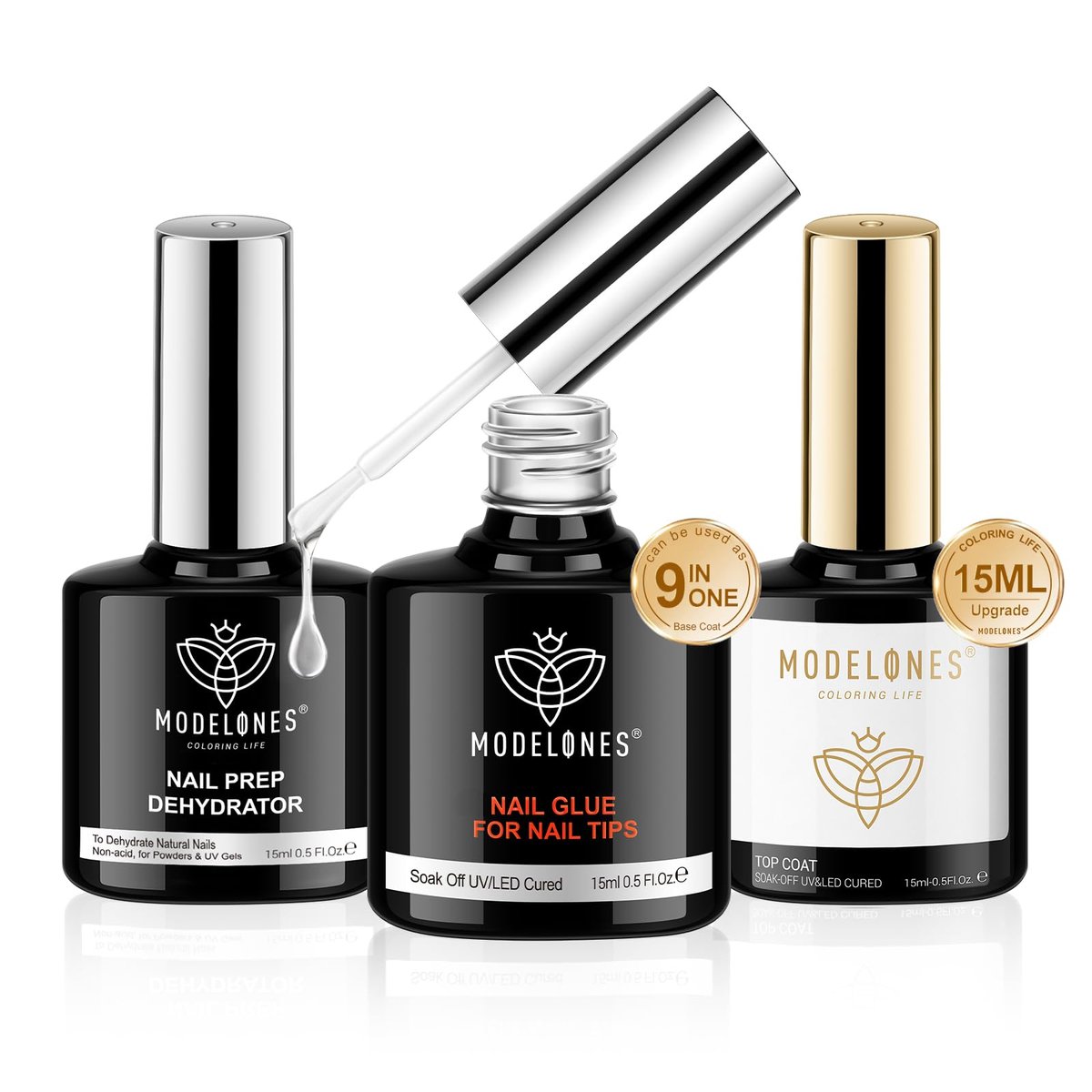modelones Nail Glue Gel with Top Coat and Prep Dehydrator 3 PCS 15ml - 9 in One Gel Glue Kit for Easy Nail Extension - görsel 1