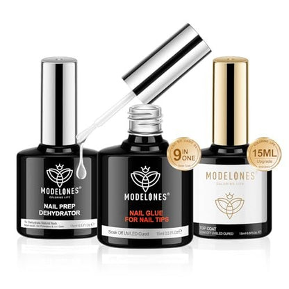 modelones Nail Glue Gel with Top Coat and Prep Dehydrator 3 PCS 15ml - 9 in One Gel Glue Kit for Easy Nail Extension