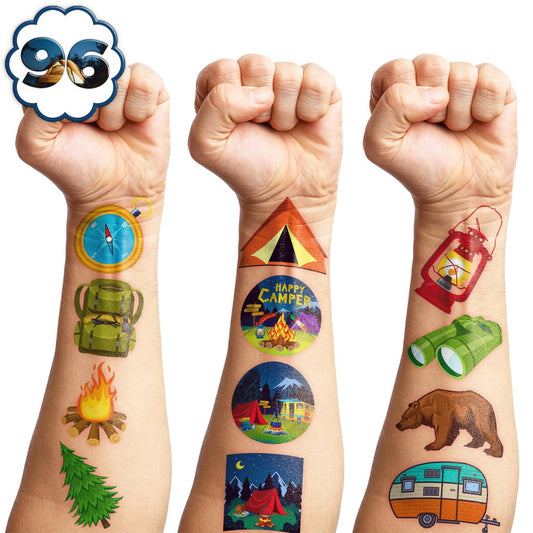 96 PCS Camping Pre-Cut Temporary Tattoos for Kids – Fun Themed Party Favors & Decorations
