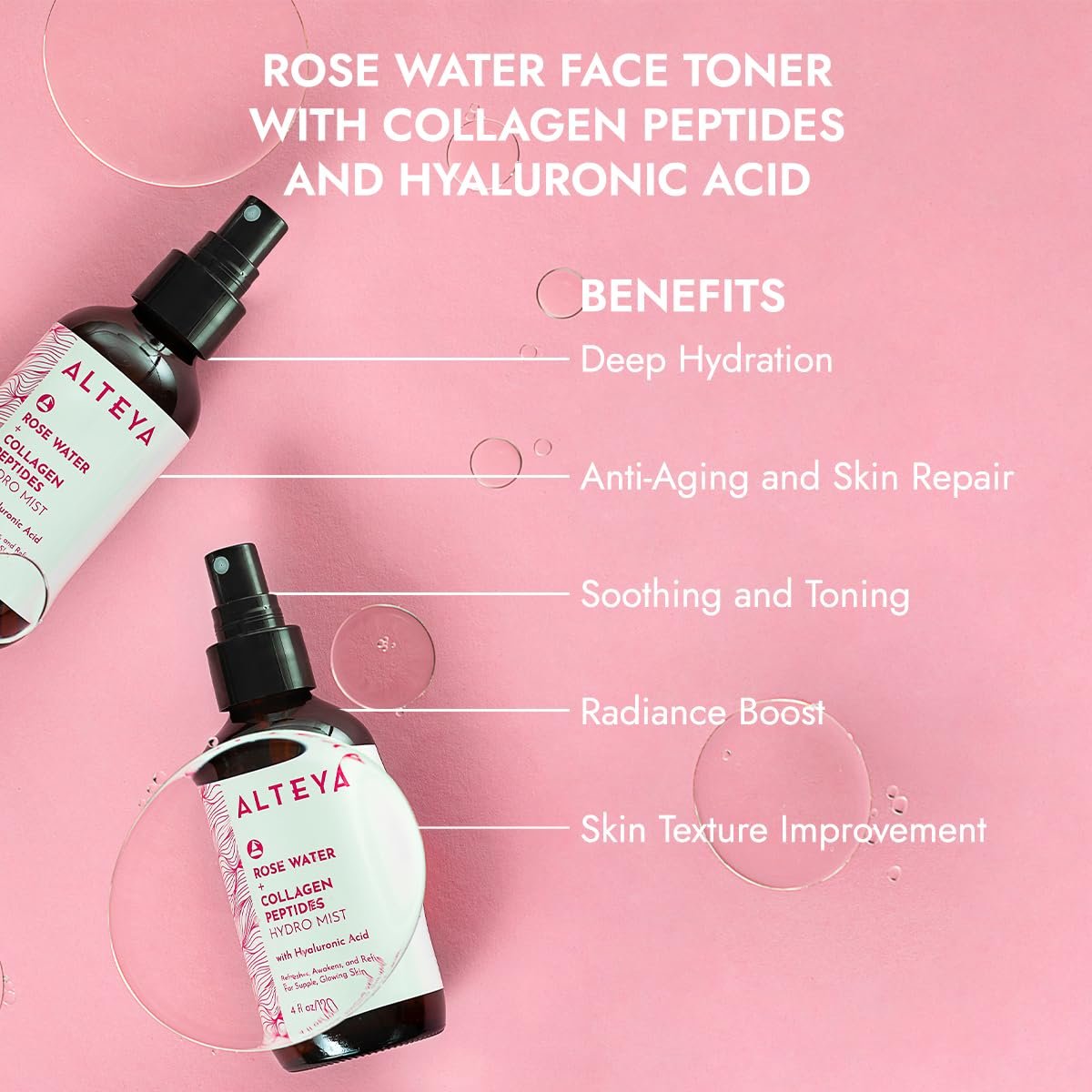 Alteya Organics Rose Water Face Toner with Collagen Peptides & Hyaluronic Acid – Hydrating Facial Mist for Anti-Aging, Firming & Radiant Skin – 4 Fl Oz (120mL) Avelisse