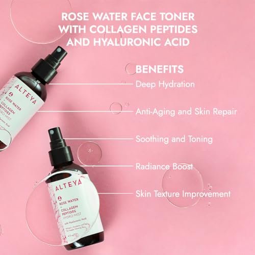 Alteya Organics Rose Water Face Toner with Collagen Peptides & Hyaluronic Acid – Hydrating Facial Mist for Anti-Aging, Firming & Radiant Skin – 4 Fl Oz (120mL) Avelisse