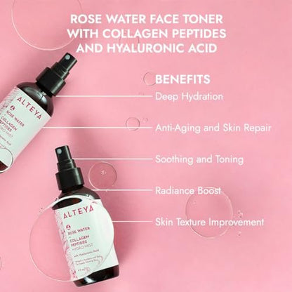 Alteya Organics Rose Water Face Toner with Collagen Peptides & Hyaluronic Acid – Hydrating Facial Mist for Anti-Aging, Firming & Radiant Skin – 4 Fl Oz (120mL) Avelisse