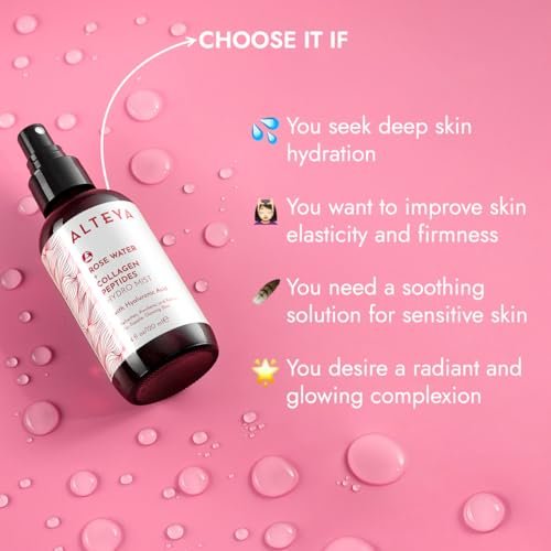 Alteya Organics Rose Water Face Toner with Collagen Peptides & Hyaluronic Acid – Hydrating Facial Mist for Anti-Aging, Firming & Radiant Skin – 4 Fl Oz (120mL) Avelisse