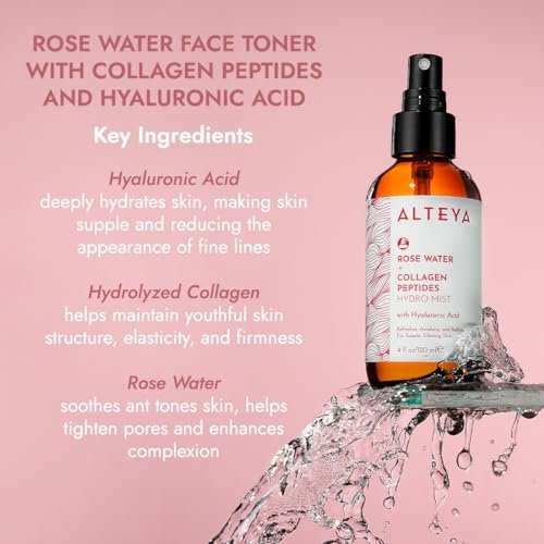 Alteya Organics Rose Water Face Toner with Collagen Peptides & Hyaluronic Acid – Hydrating Facial Mist for Anti-Aging, Firming & Radiant Skin – 4 Fl Oz (120mL) Avelisse