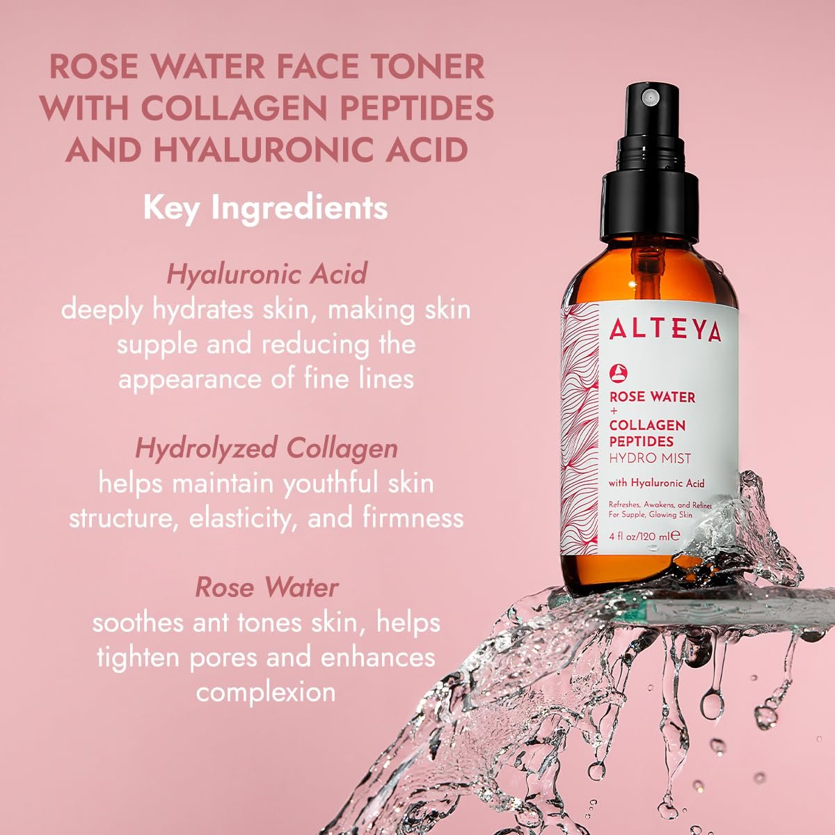 Alteya Organics Rose Water Face Toner with Collagen Peptides & Hyaluronic Acid – Hydrating Facial Mist for Anti-Aging, Firming & Radiant Skin – 4 Fl Oz (120mL) Avelisse