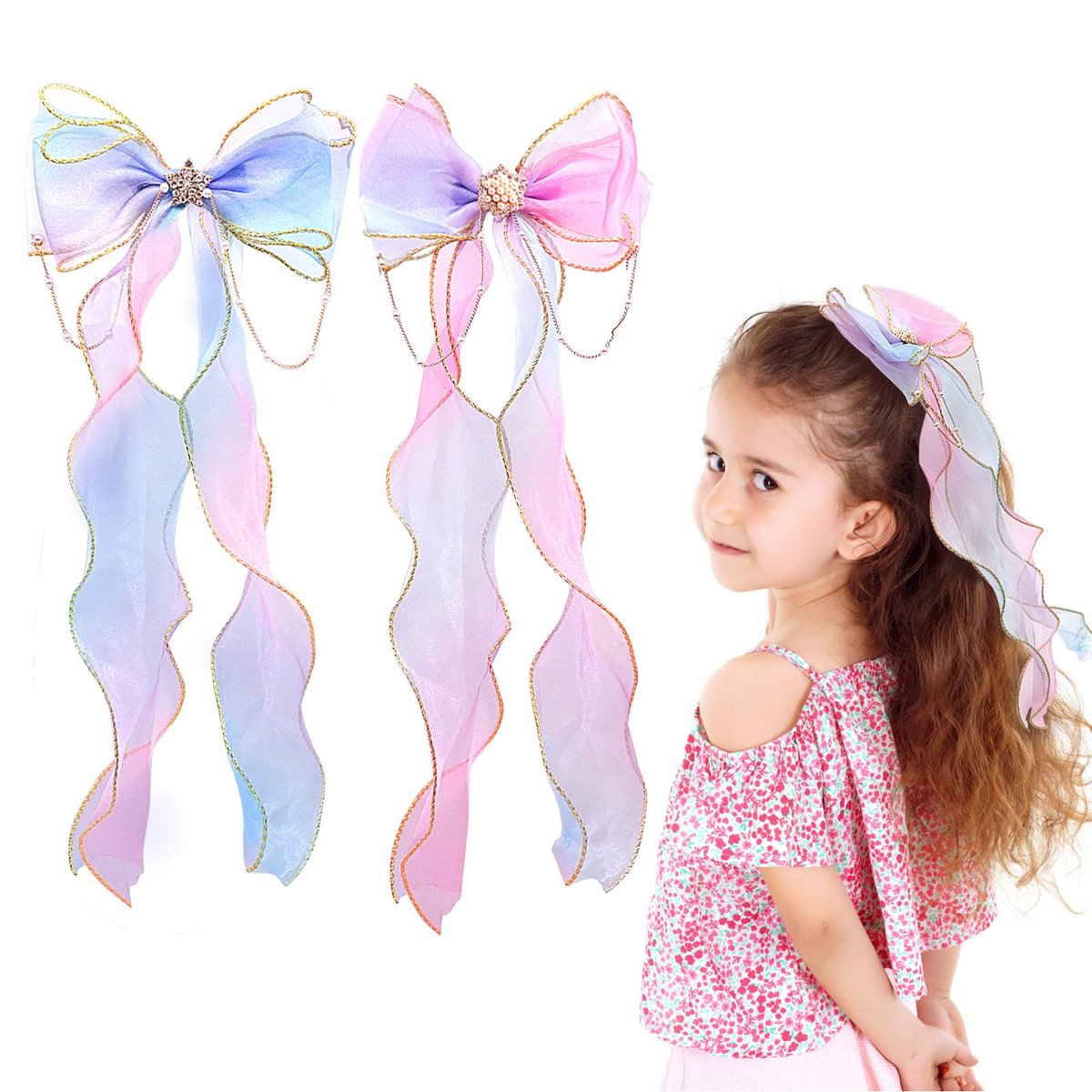 2 PCS Rainbow Ribbon Hair Bows for Girls - Princess Bowknot Hair Barrettes, Colorful Alligator Clips Hair Accessories - görsel 1