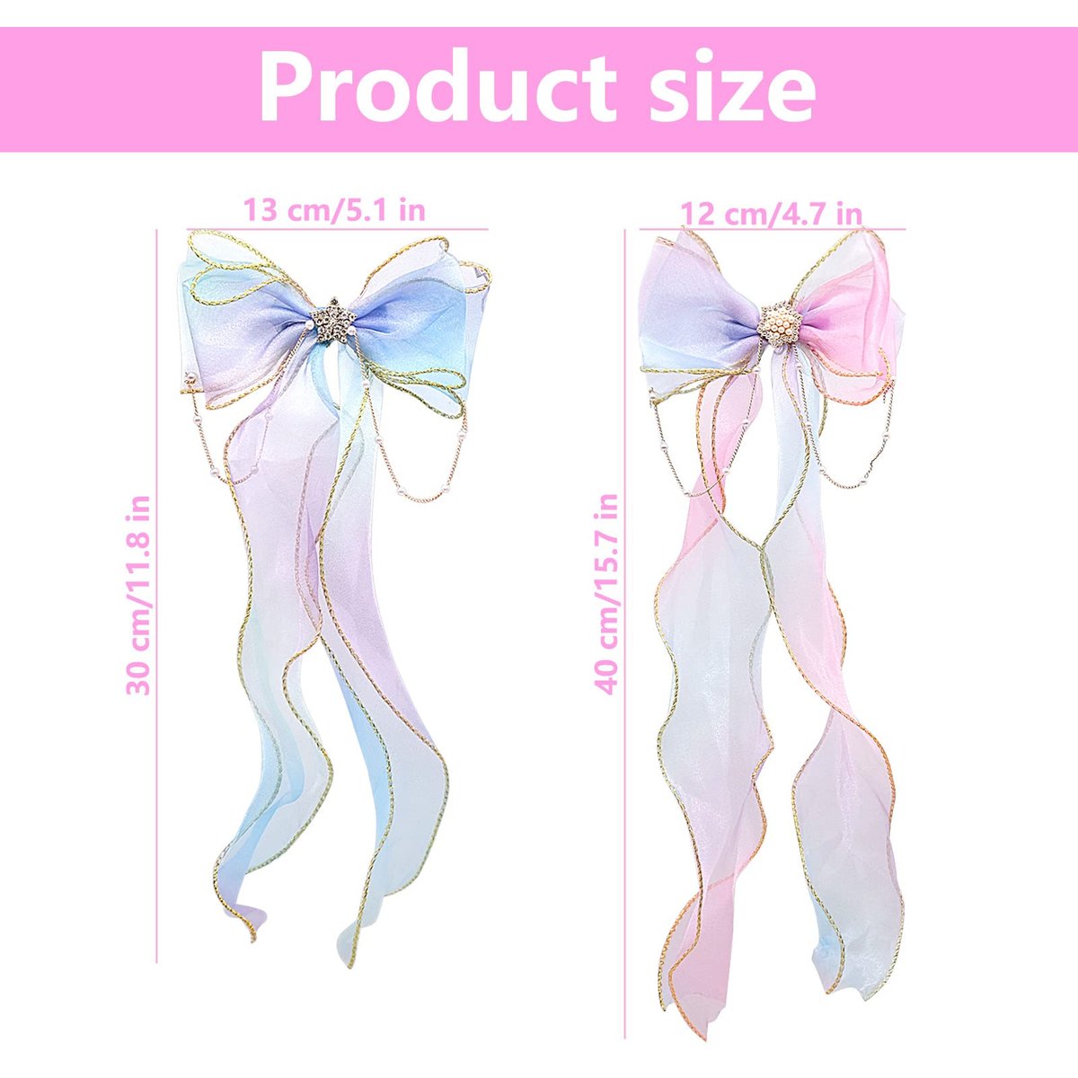 2 PCS Rainbow Ribbon Hair Bows for Girls - Princess Bowknot Hair Barrettes, Colorful Alligator Clips Hair Accessories - görsel 3