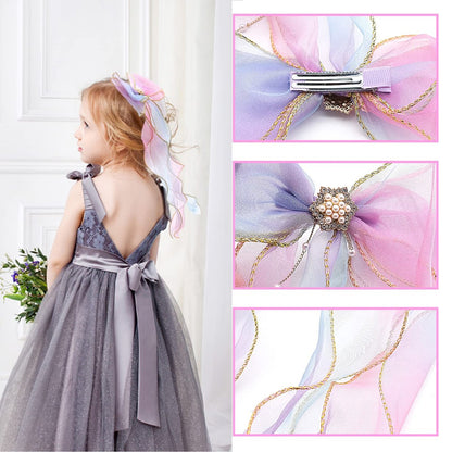 2 PCS Rainbow Ribbon Hair Bows for Girls - Princess Bowknot Hair Barrettes, Colorful Alligator Clips Hair Accessories