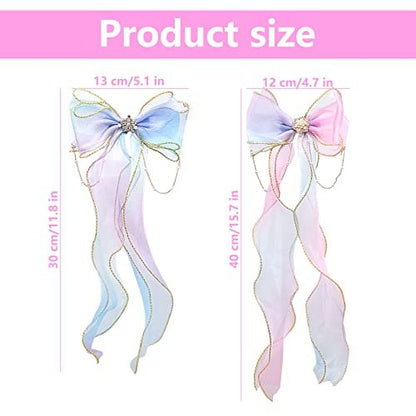 2 PCS Rainbow Ribbon Hair Bows for Girls - Princess Bowknot Hair Barrettes, Colorful Alligator Clips Hair Accessories