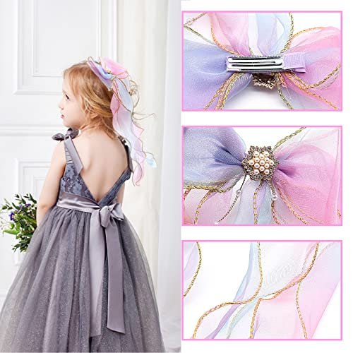 2 PCS Rainbow Ribbon Hair Bows for Girls - Princess Bowknot Hair Barrettes, Colorful Alligator Clips Hair Accessories - görsel 6