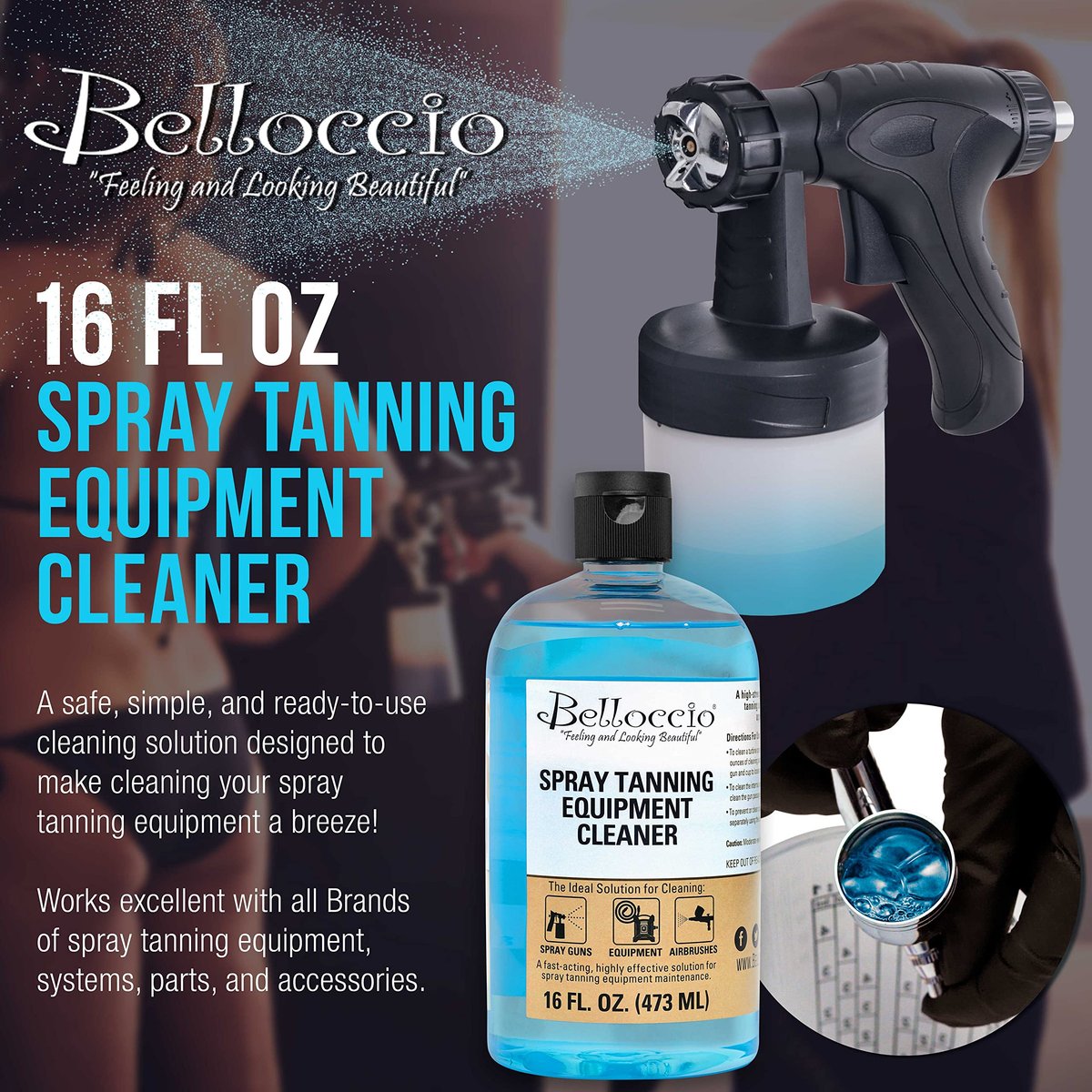 Belloccio Spray Tanning Equipment Cleaner 16 oz – Fast Acting Cleaning Solution for Airbrush Spray Tan Guns & System Maintenance Avelisse