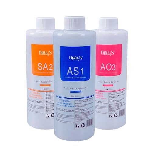 BRÜUN Hydrogen Oxygen Facial Machine Serums for Facial Cleansing – 3-Pack Aqua Peeling Solution (AS1, SA2, AO3) 400ml Each – Hydra Solution for Vacuum Face Cleaning Jet for Home and Spa Avelisse
