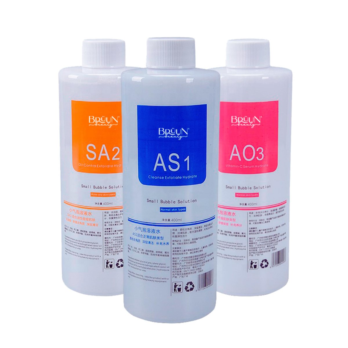 BRÜUN Hydrogen Oxygen Facial Machine Serums for Facial Cleansing – 3-Pack Aqua Peeling Solution (AS1, SA2, AO3) 400ml Each – Hydra Solution for Vacuum Face Cleaning Jet for Home and Spa Avelisse