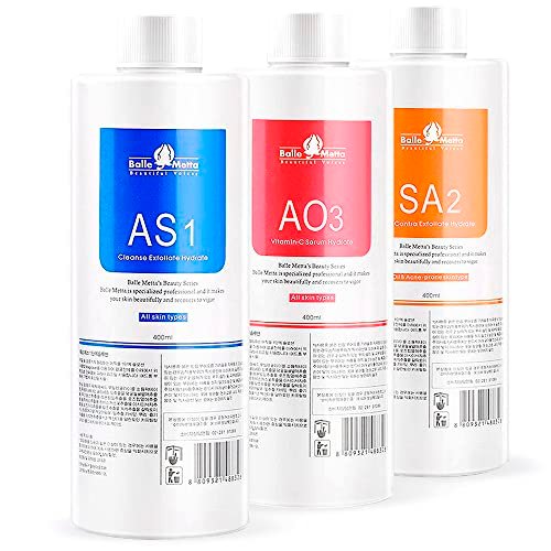 BRÜUN Hydrogen Oxygen Facial Machine Serums for Facial Cleansing – 3-Pack Aqua Peeling Solution (AS1, SA2, AO3) 400ml Each – Hydra Solution for Vacuum Face Cleaning Jet for Home and Spa Avelisse