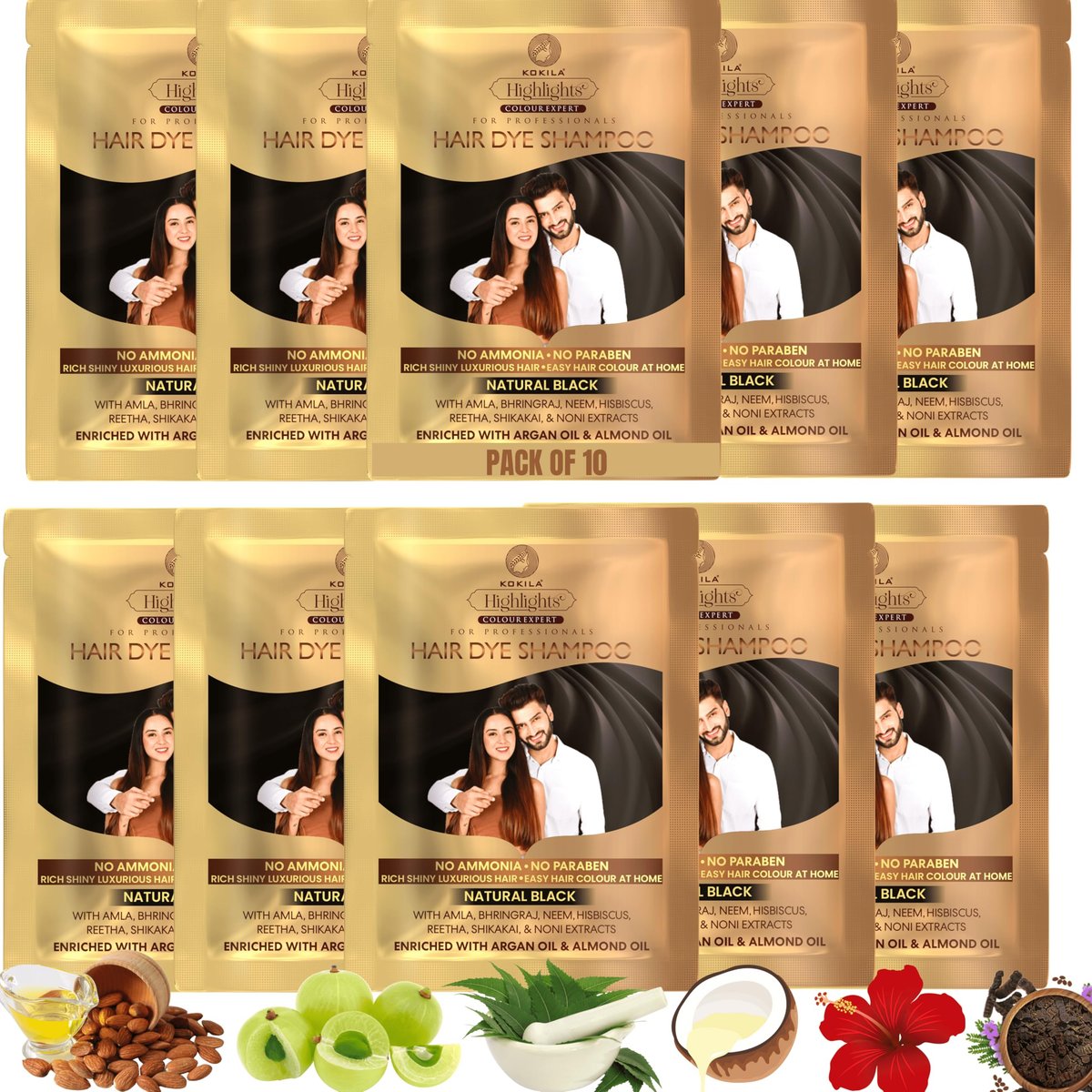 Kokila Unisex Hair Color Shampoo Sachet – Natural Black, No Ammonia, No Paraben, 25ml x 10 Sachets - görsel 1