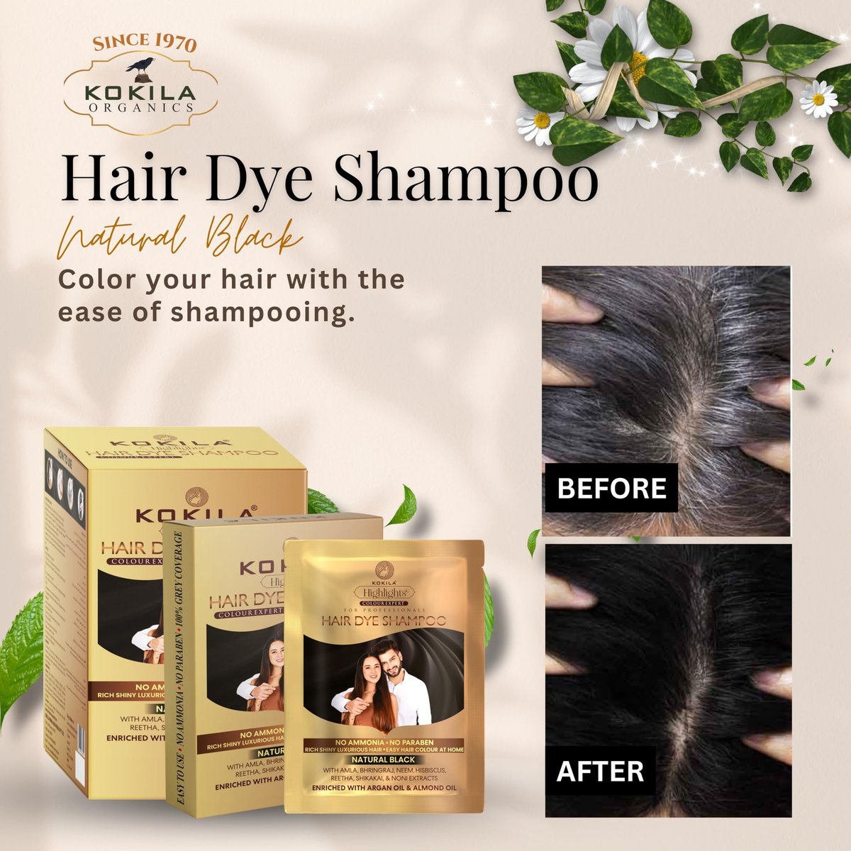 Kokila Unisex Hair Color Shampoo Sachet – Natural Black, No Ammonia, No Paraben, 25ml x 10 Sachets - görsel 3