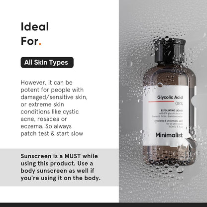 Minimalist Glycolic Acid 8% Exfoliating Toner – Multi-Functional Toner for Face, Body, Underarms & Scalp – Glowing Skin for Women & Men – 5 Fl Oz