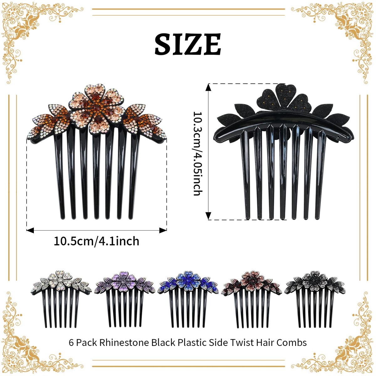 inSowni 6-Pack Luxury Sparkly Glitter Flower Leaf Rhinestone Plastic Hair Side Combs - French Twist Slides Hairpins for Long Thick Hair Avelisse