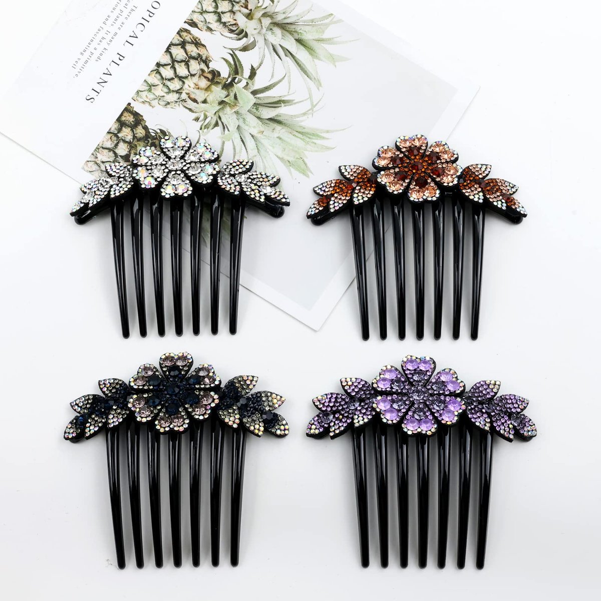 inSowni 6-Pack Luxury Sparkly Glitter Flower Leaf Rhinestone Plastic Hair Side Combs - French Twist Slides Hairpins for Long Thick Hair Avelisse