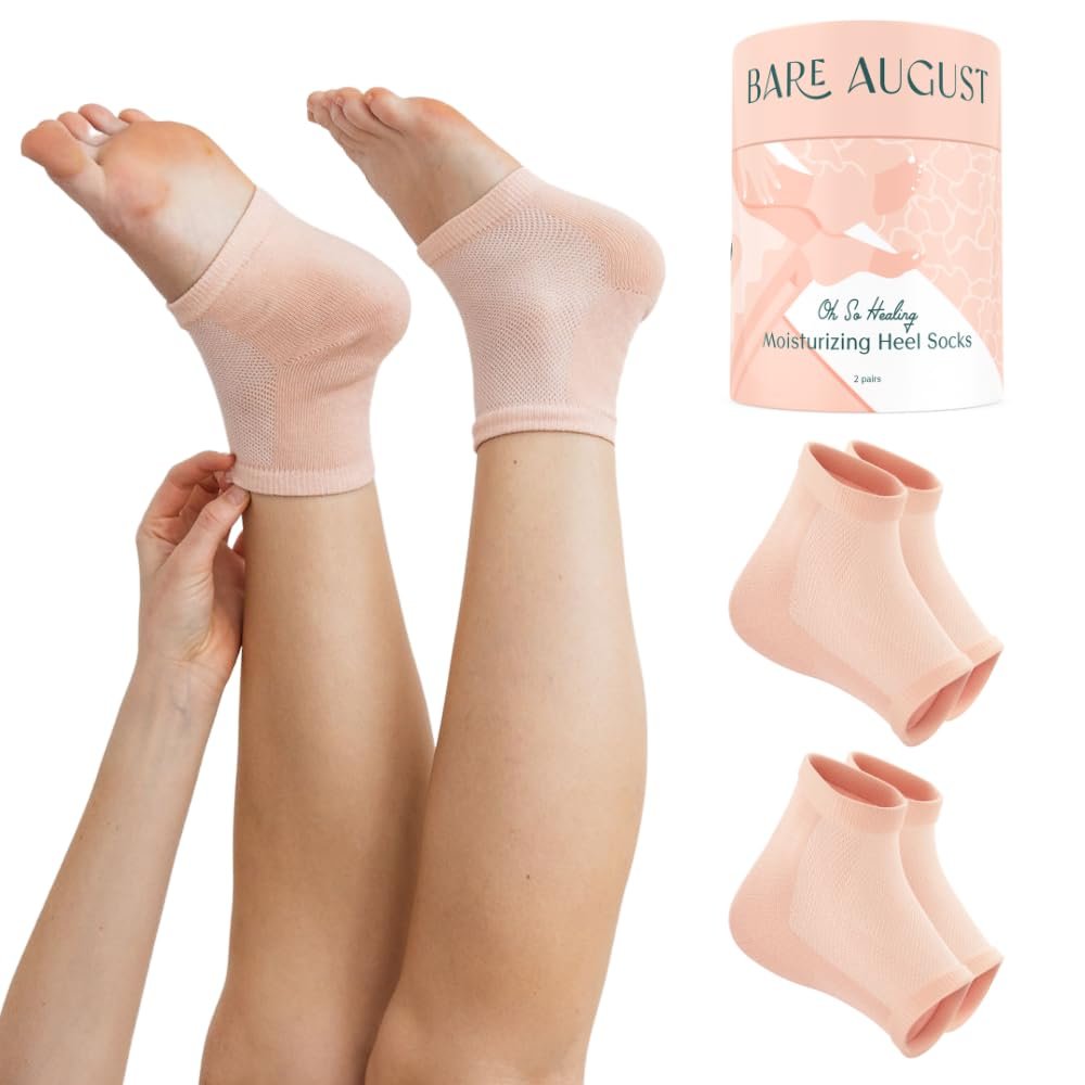 Bare August Moisturizing Socks – Overnight Gel Socks for Dry, Cracked Heels – Reusable Spa Socks for Women & Men – 2 Pairs, Pinky Peach, One Size Avelisse