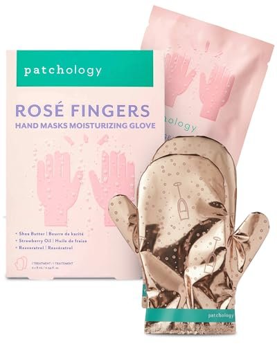 Patchology Rosé Fingers Renewing Hand Mask – Strawberry-Scented Moisturizing Gloves with Shea Butter for Dry & Cracked Hands, 1 Pair