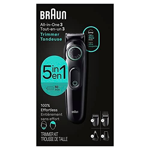 Braun All-In-One Style Kit Series 3 3450, 5-in-1 Trimmer for Men, Ultra-Sharp Blade, 40 Length Settings, Washable, Black Avelisse