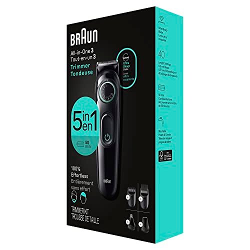 Braun All-In-One Style Kit Series 3 3450, 5-in-1 Trimmer for Men, Ultra-Sharp Blade, 40 Length Settings, Washable, Black Avelisse