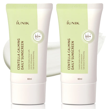 IUNIK Centella Calming Moisture Daily Sunscreen SPF 50+ PA++++ - Matte Finish, No White Cast, for Dry, Oily, Sensitive Skin, Vegan Korean Skincare (Pack of 2) Avelisse