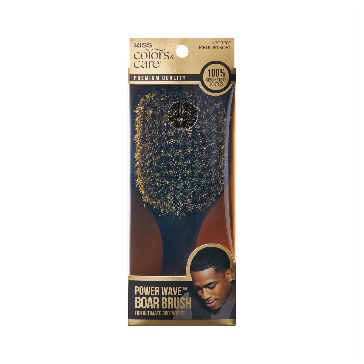 KISS COLORS & CARE 360° Power Wave Palm Brush - Medium Soft, Curved Handle, High-Density Boar Bristles for Deep Waves, Shed-Free Grip - görsel 1