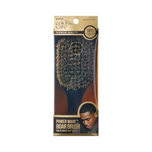 KISS COLORS & CARE 360° Power Wave Palm Brush - Medium Soft, Curved Handle, High-Density Boar Bristles for Deep Waves, Shed-Free Grip - görsel 2