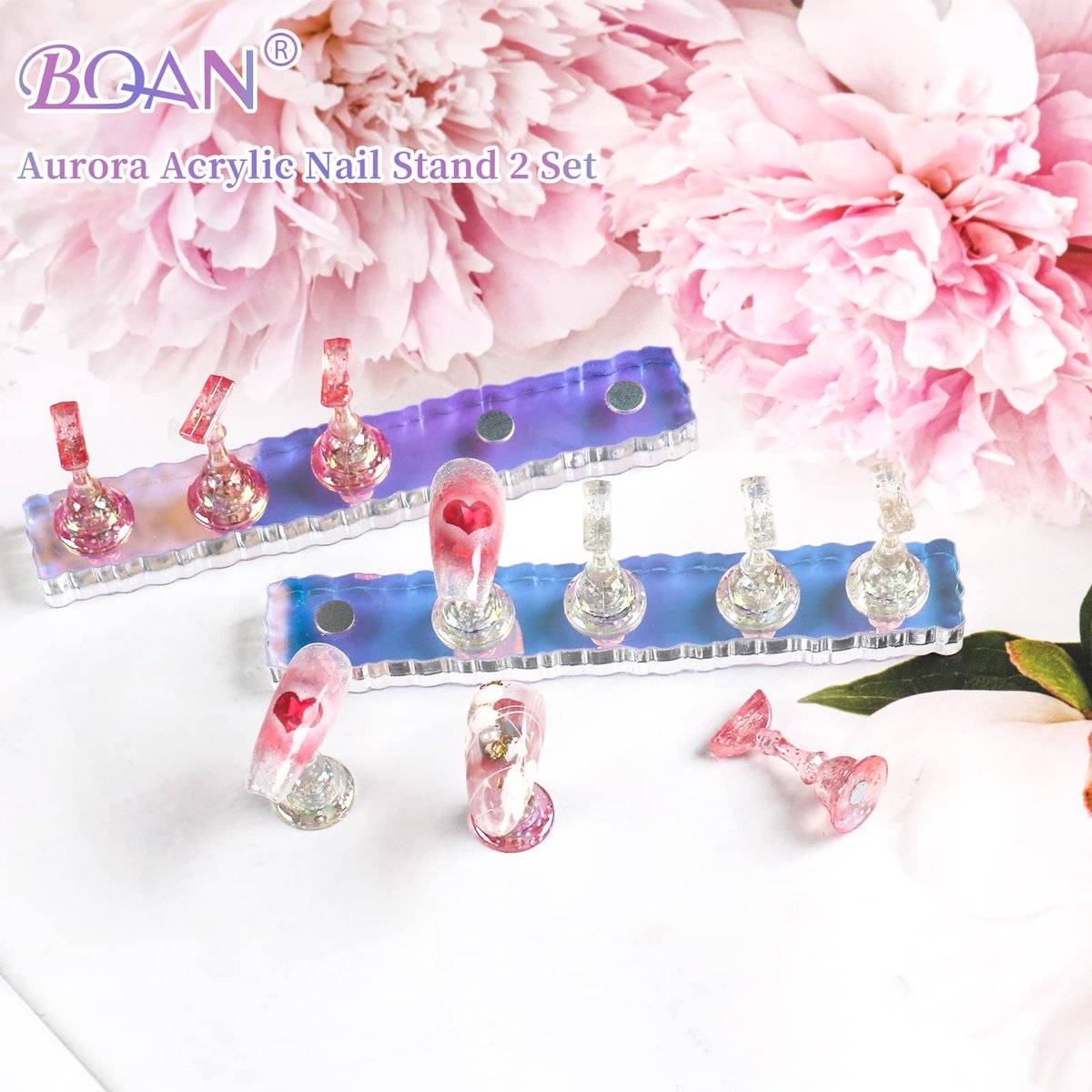 BQAN 2 Set Nail Holder for Painting Nails - Aurora Acrylic Nail Stand for Press on/Fake Nail Tips Training & Display with 96 Pcs Reusable Adhesive Putty - görsel 3
