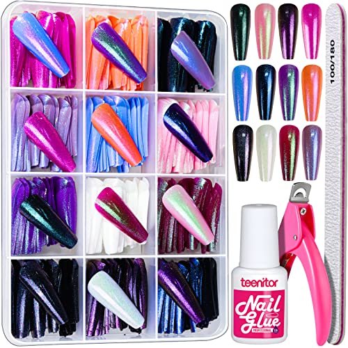 Teenitor 288pcs Long Coffin Ballerina Press On Nails - Chrome Holographic Metallic Mirror False Nails Set Avelisse