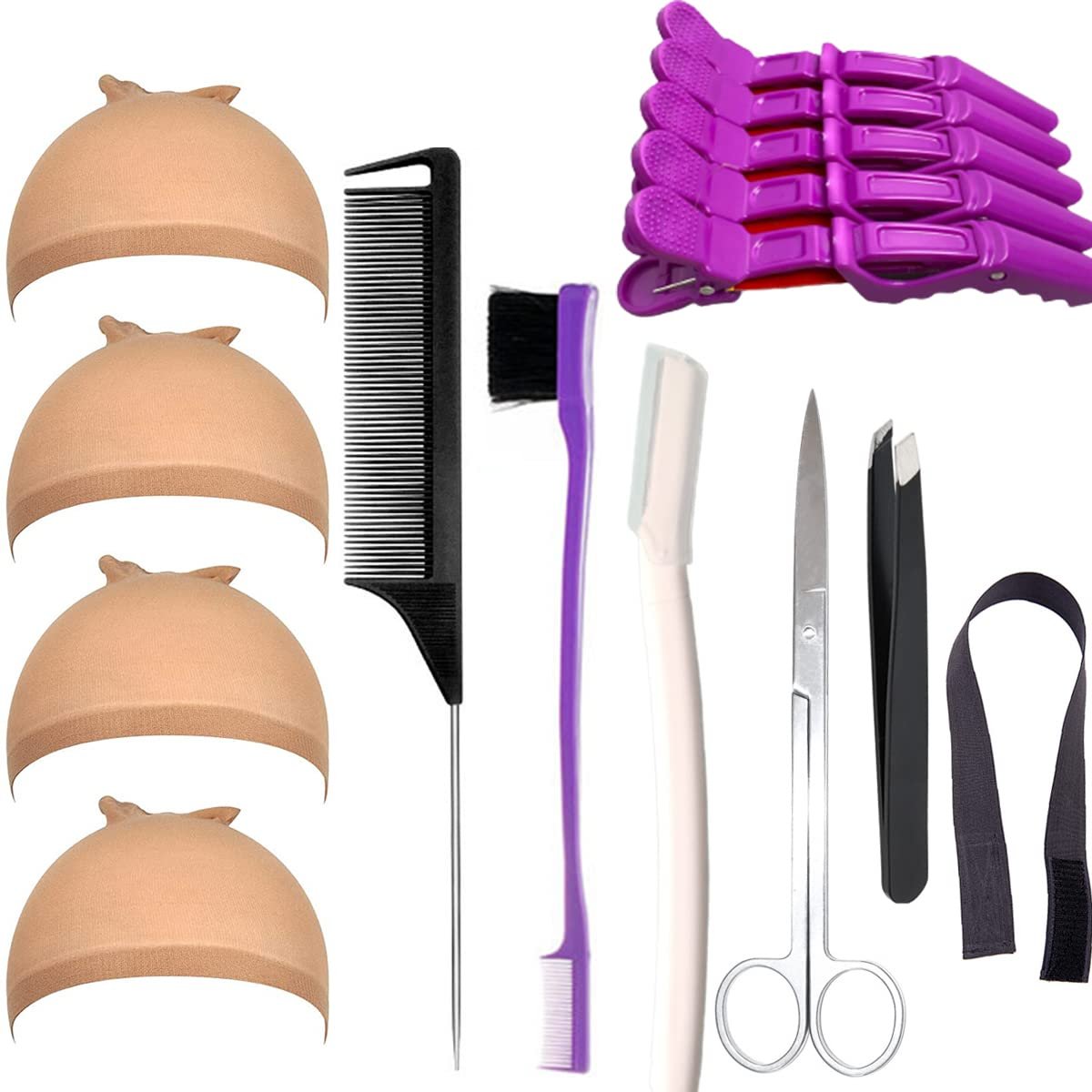 Miaubaa Wig Kit for Lace Front Wigs for Beginners - 7 Piece Lace Melting Set with Elastic Band, Edge Scarf, Wig Caps, Eyebrow Razors, Tweezers, Edge Brush, Grip Headband, Mini Scissors - görsel 1