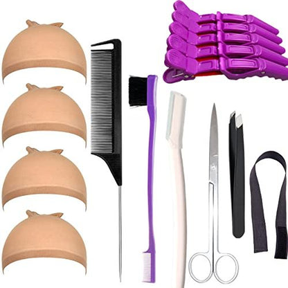 Miaubaa Wig Kit for Lace Front Wigs for Beginners - 7 Piece Lace Melting Set with Elastic Band, Edge Scarf, Wig Caps, Eyebrow Razors, Tweezers, Edge Brush, Grip Headband, Mini Scissors
