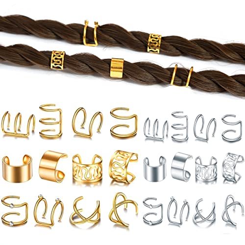 24 Pcs Gold Silver Hair Braids Dreadlock Non-Piercing Ear Clip Beard Beads Cuffs Clip Hair Styling Jewelry Tools for Men Women - görsel 2